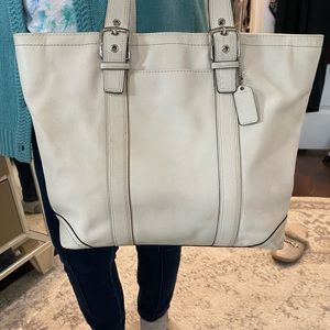 Oversized White Leather Coach Tote